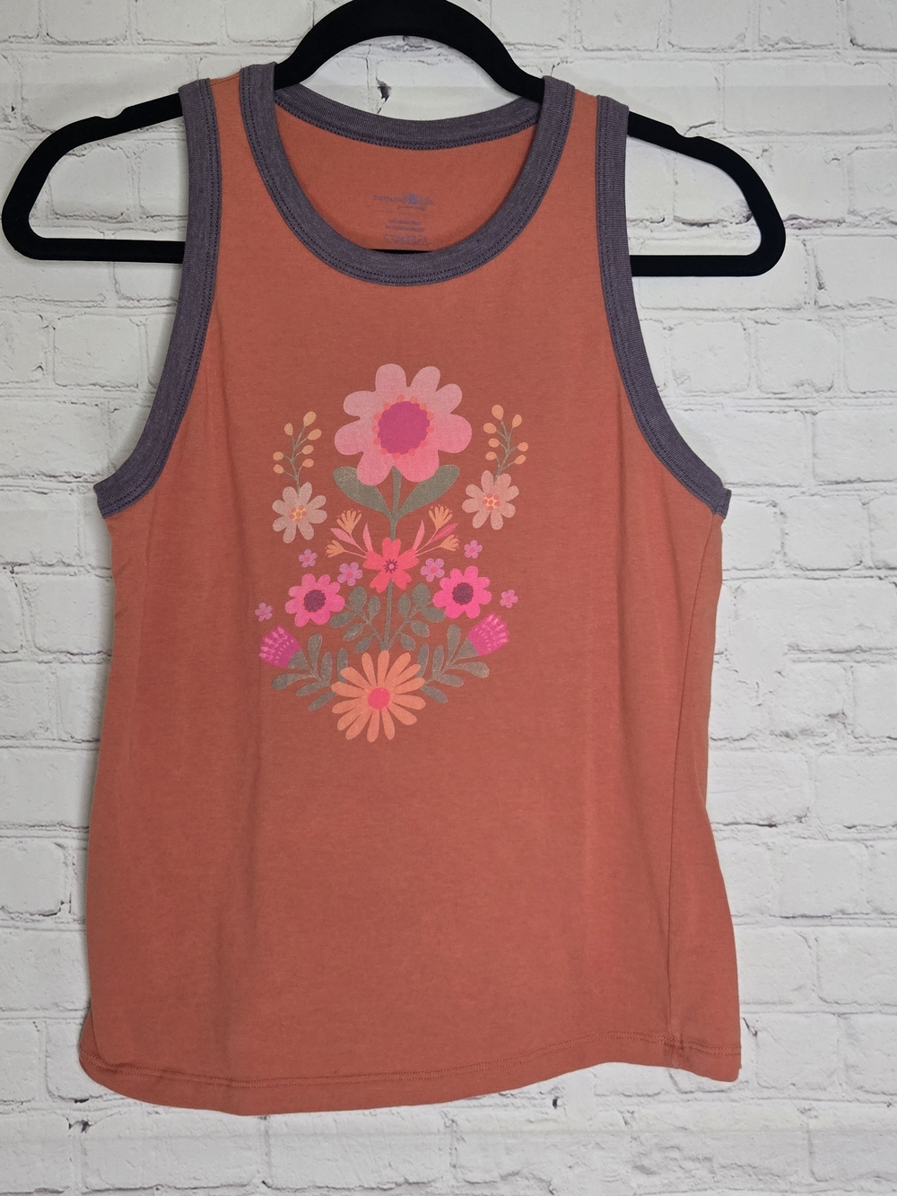 NATURAL LIFE Rust Tank Top with Pink Floral Graphic and Gray Trim